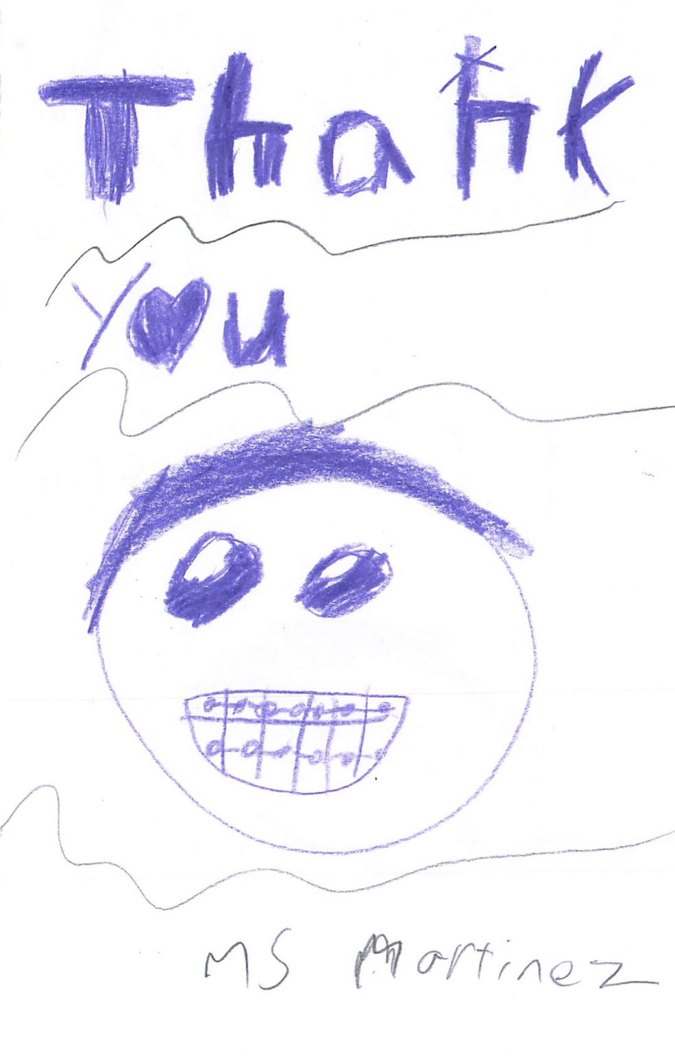 Child's drawing: a smiling face with braces, 'Thank you' — Ms Martinez