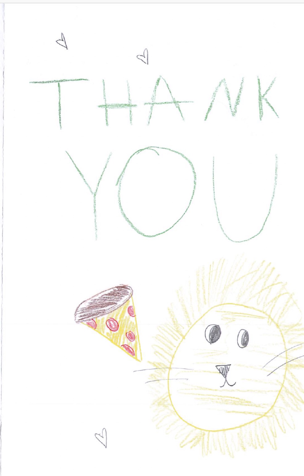 Child's drawing: 'Thank you' with a lion and a slice of pizza
