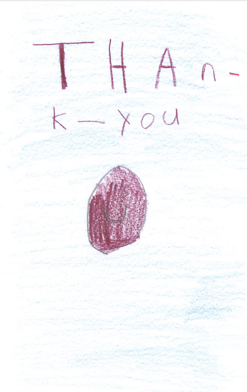Child's drawing: 'Thank you' with a pink shape on a blue background