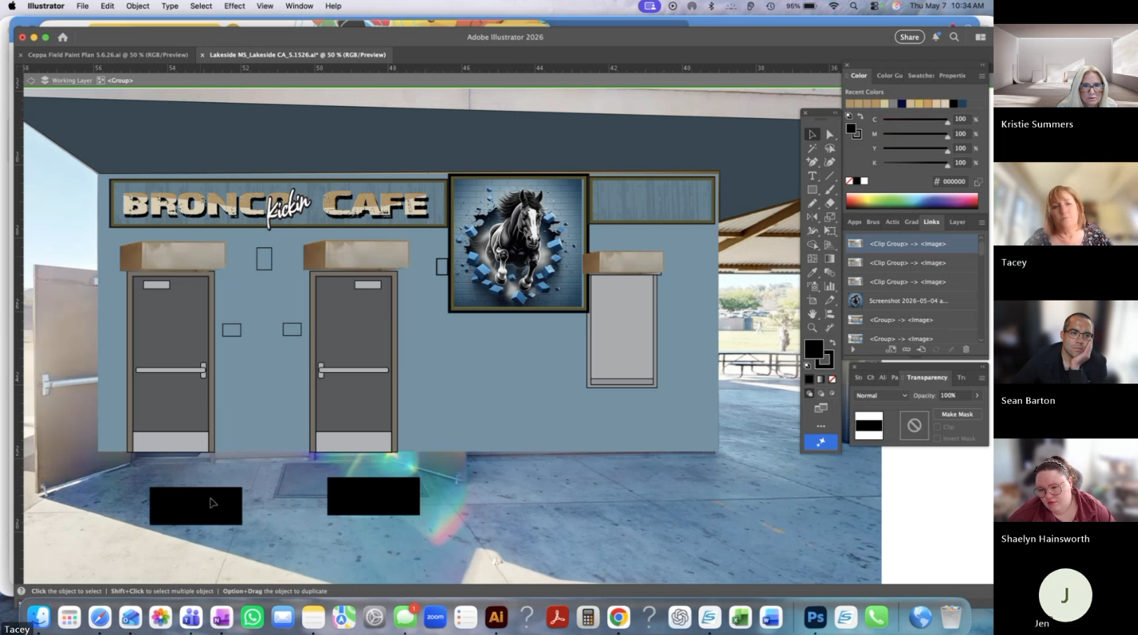 Designer working on a school mural concept during a live review call
