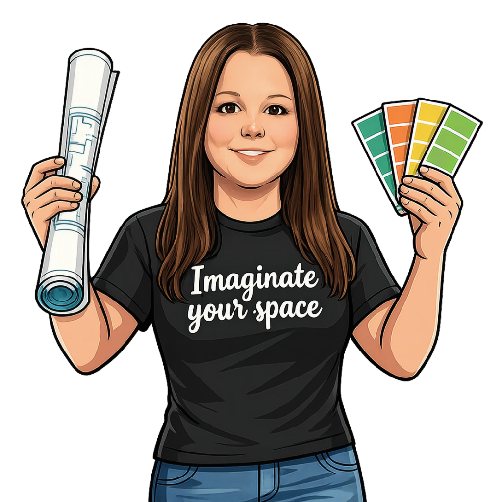 Imaginate Your Space designer holding a floor plan and color swatches